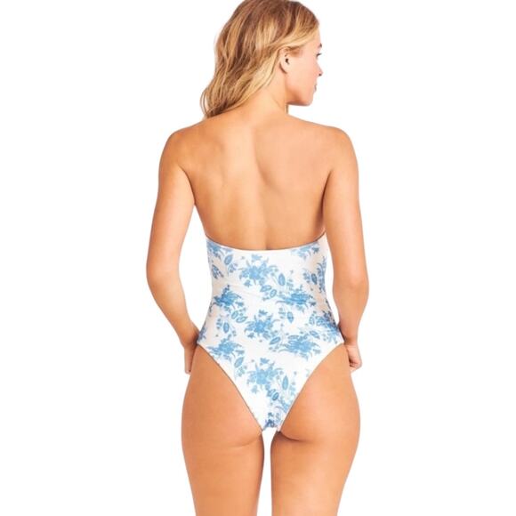 LoveShackFancy Baylor One Piece Swimsuit Medium Blue White Floral Bandeau - Picture 2 of 9